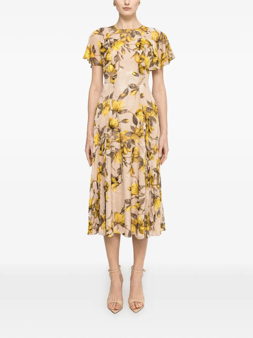 NISSA floral-print ruffled midi dress - Neutrals