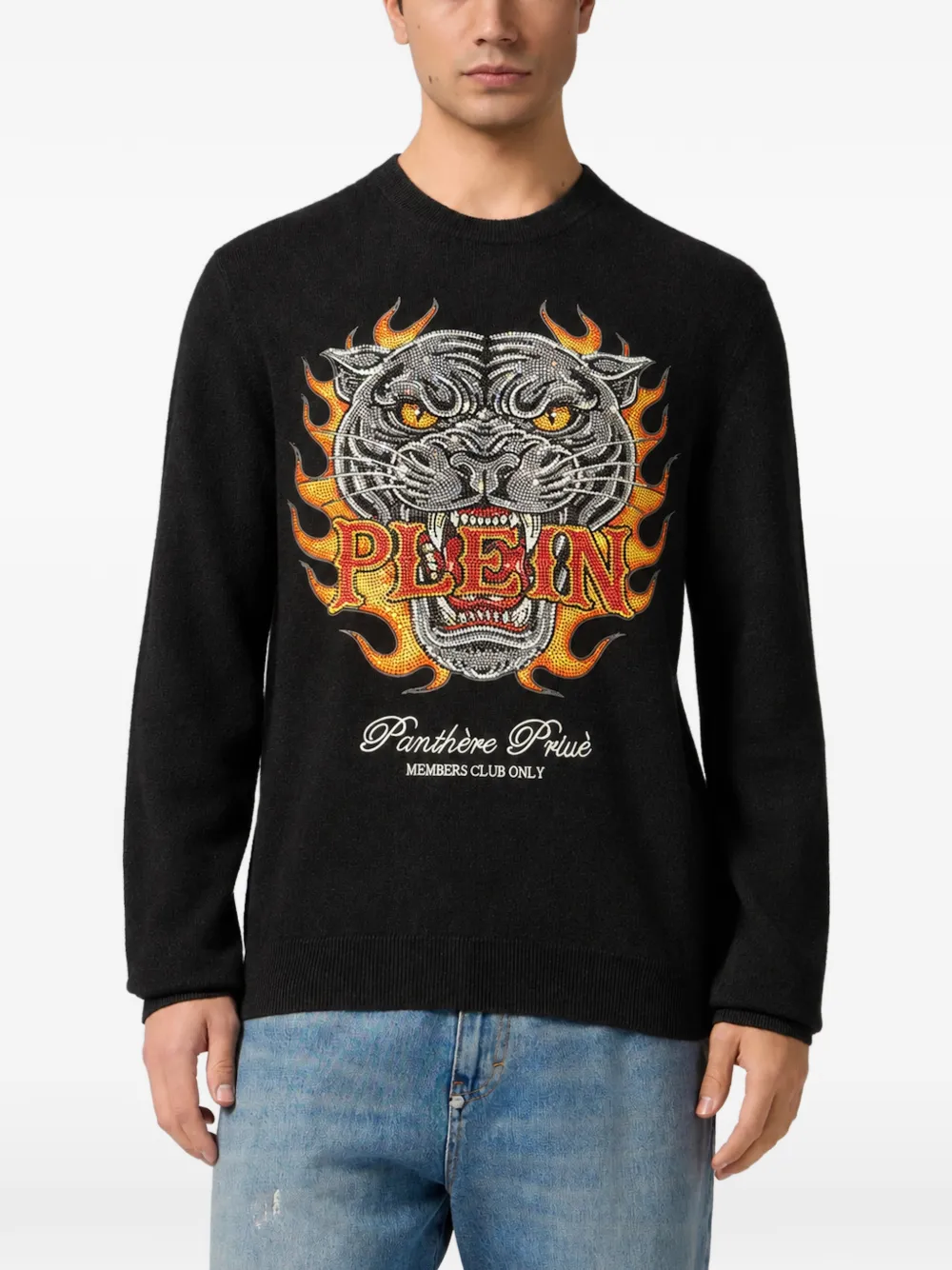Philipp Plein round neck pullover panther flames stones Zwart