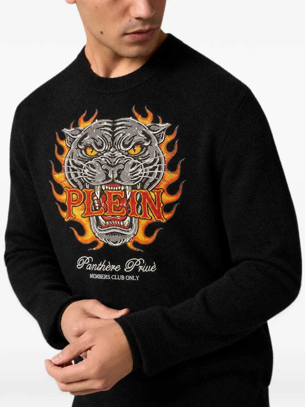 Philipp Plein round neck pullover panther flames stones Zwart