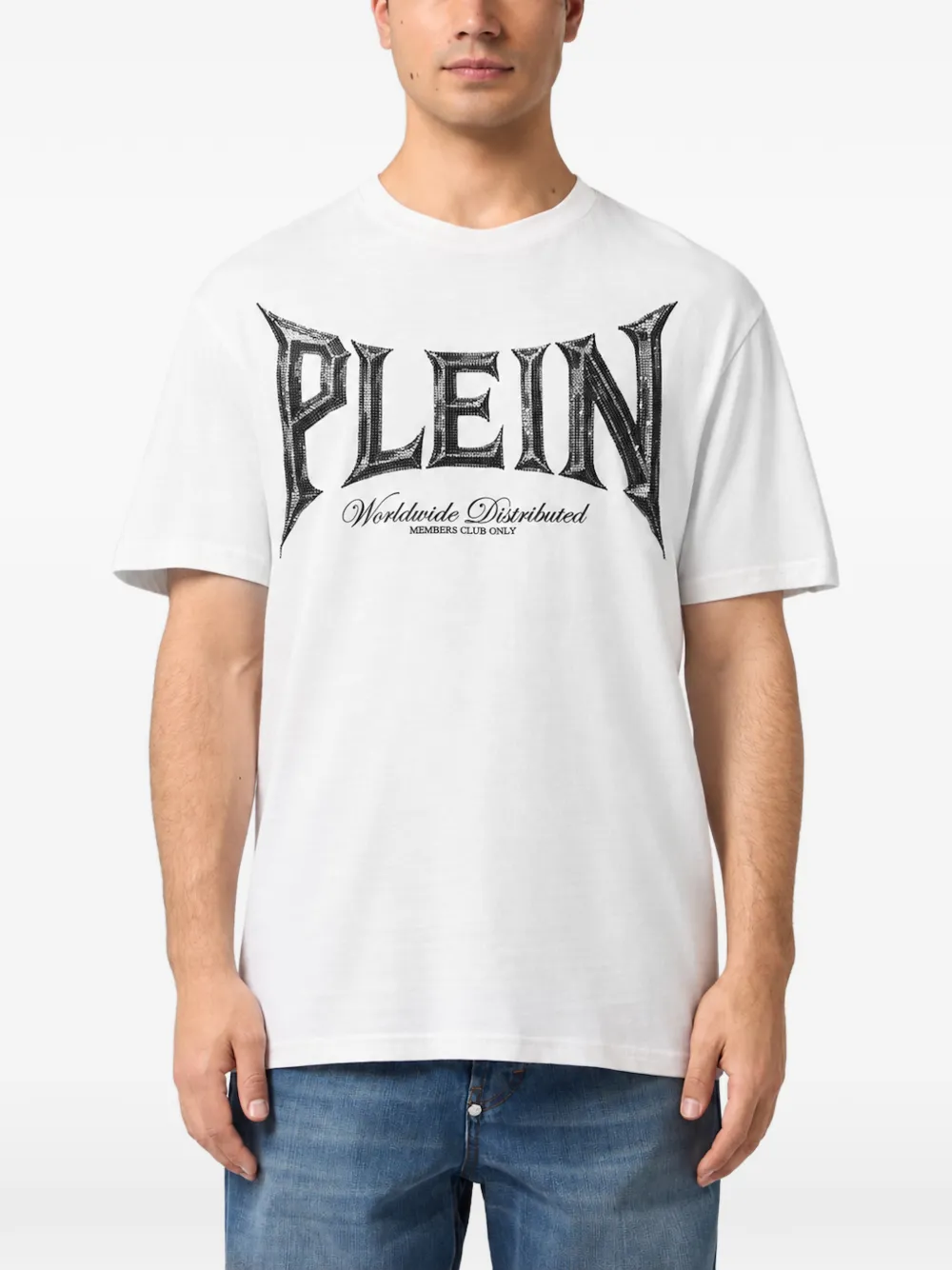 Philipp Plein round neck T-shirt Chrome metal logo stones Wit