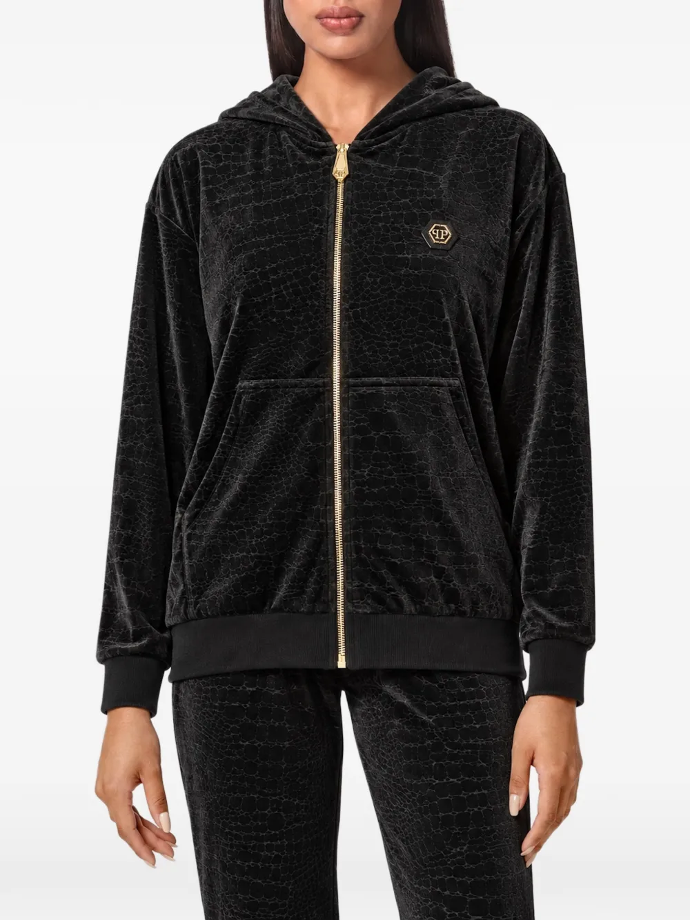 Philipp Plein chenille zip hoodie Cocco Zwart