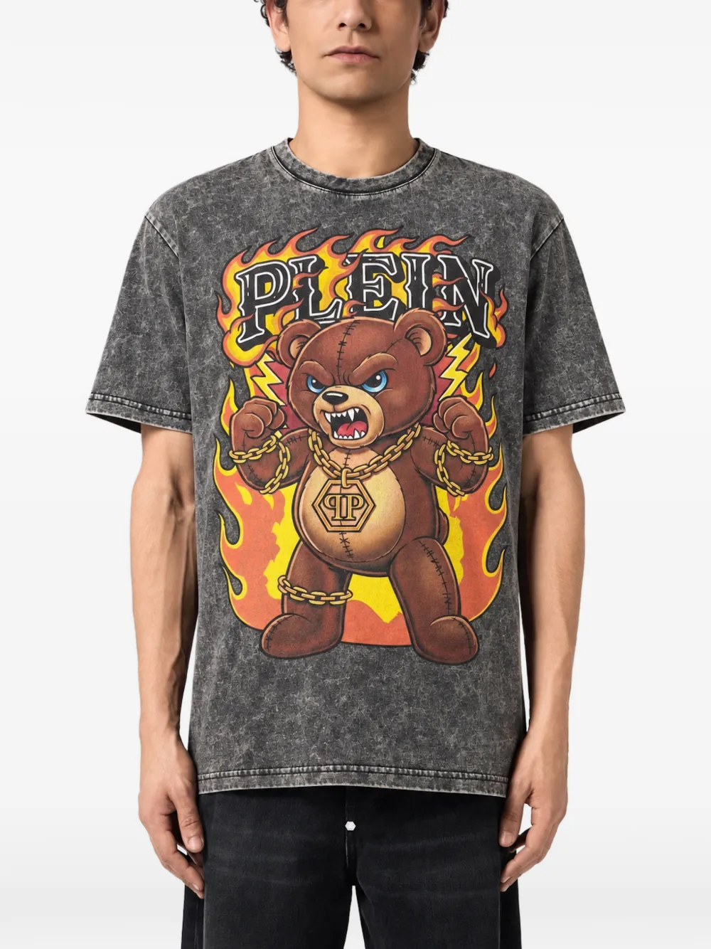 Philipp Plein washed round neck T-shirt Teddy flames Zwart