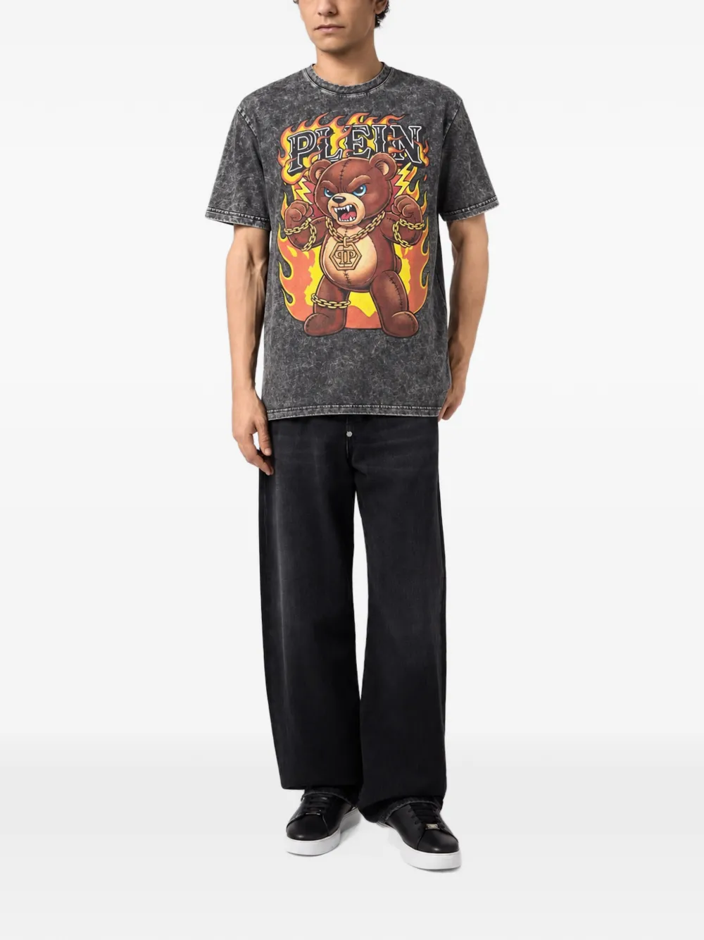 Philipp Plein washed round neck T-shirt Teddy flames Zwart