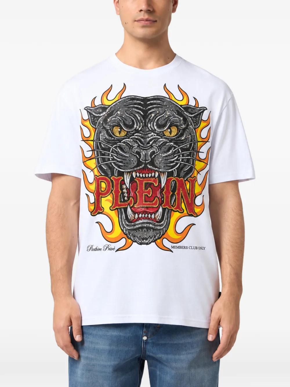 Philipp Plein round-neck T-shirt big-panther flames stones Wit