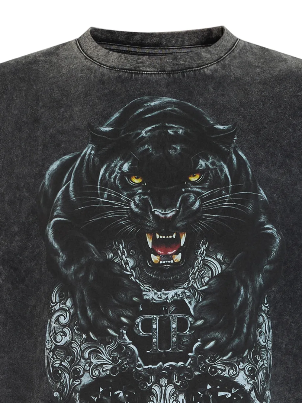 Philipp Plein Panther Skull T-shirt met ronde hals en verwassen effect Zwart