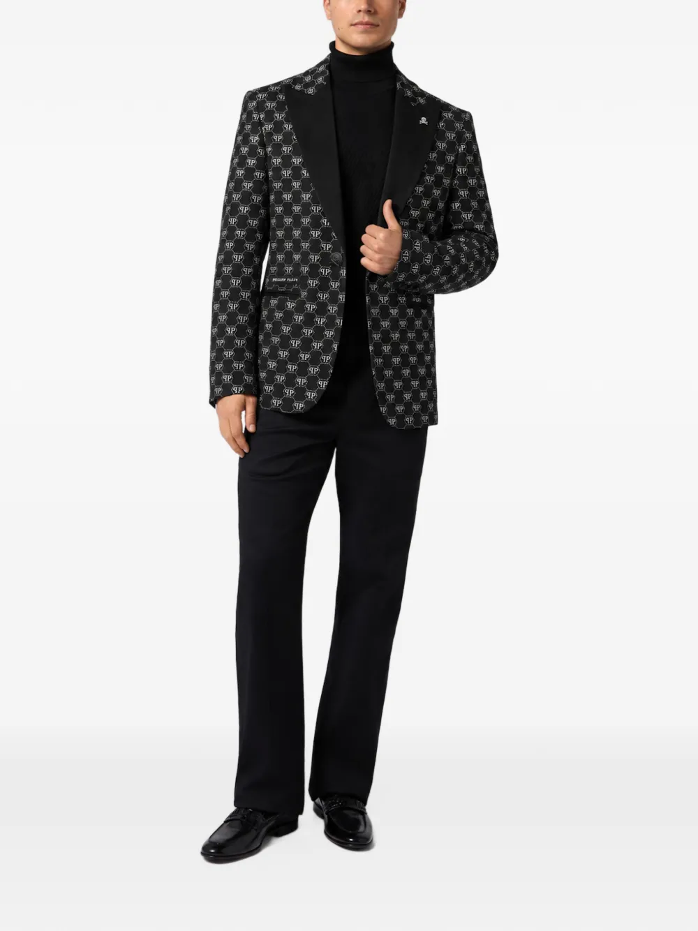 Philipp Plein velvet glitter monogram blazer Zwart