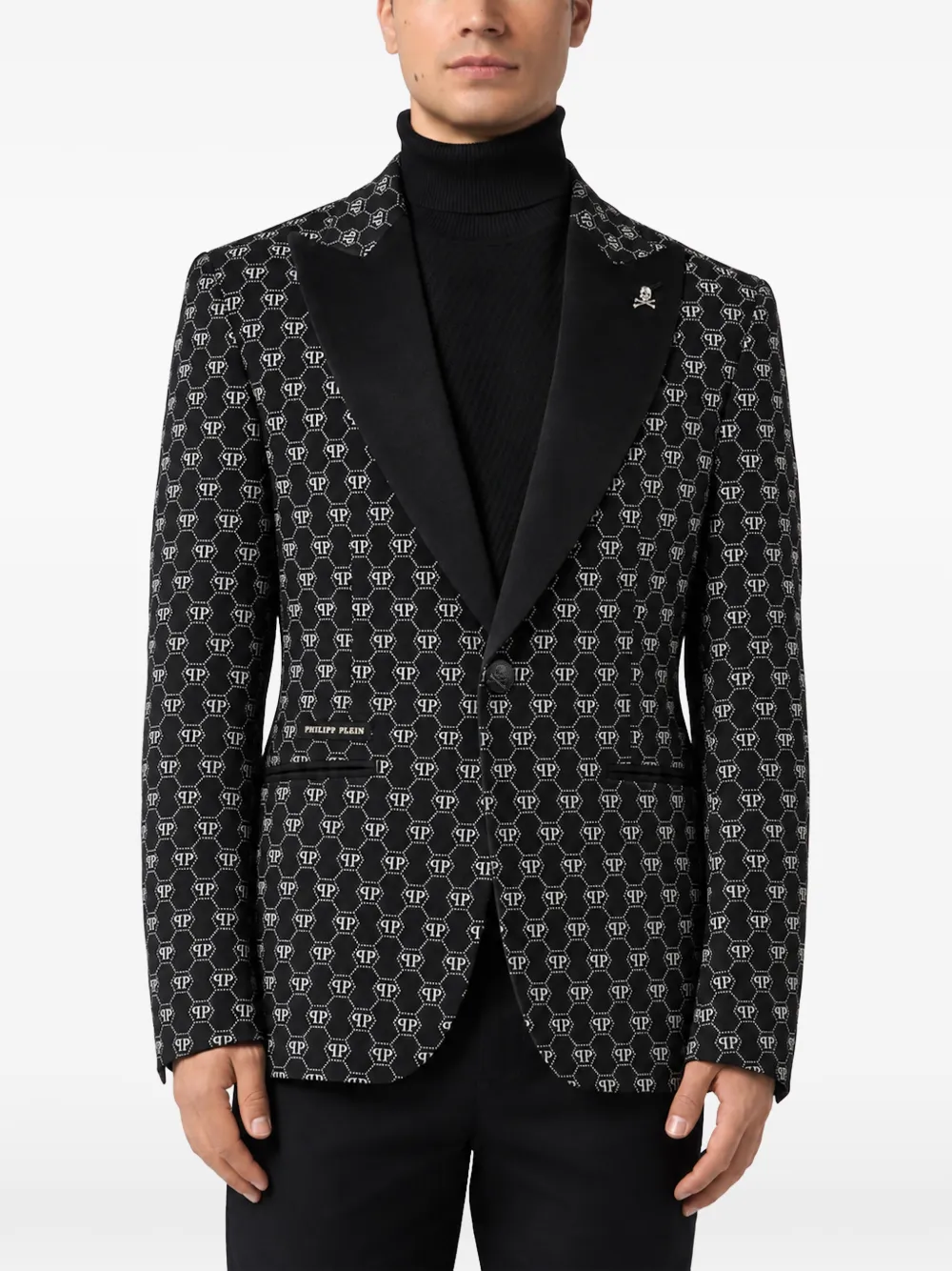 Philipp Plein velvet glitter monogram blazer Zwart
