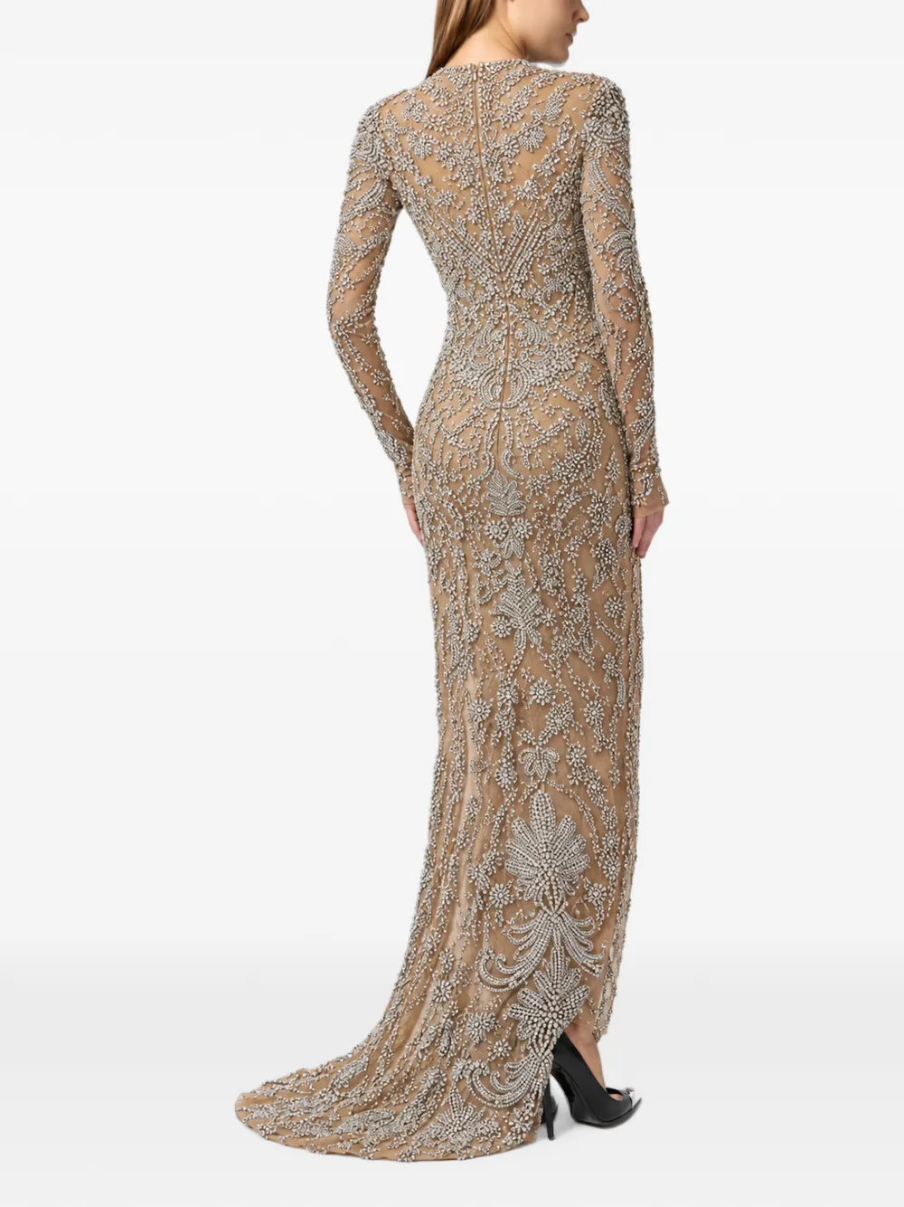 Philipp Plein tulle V-neckline long evening dress crystals Beige