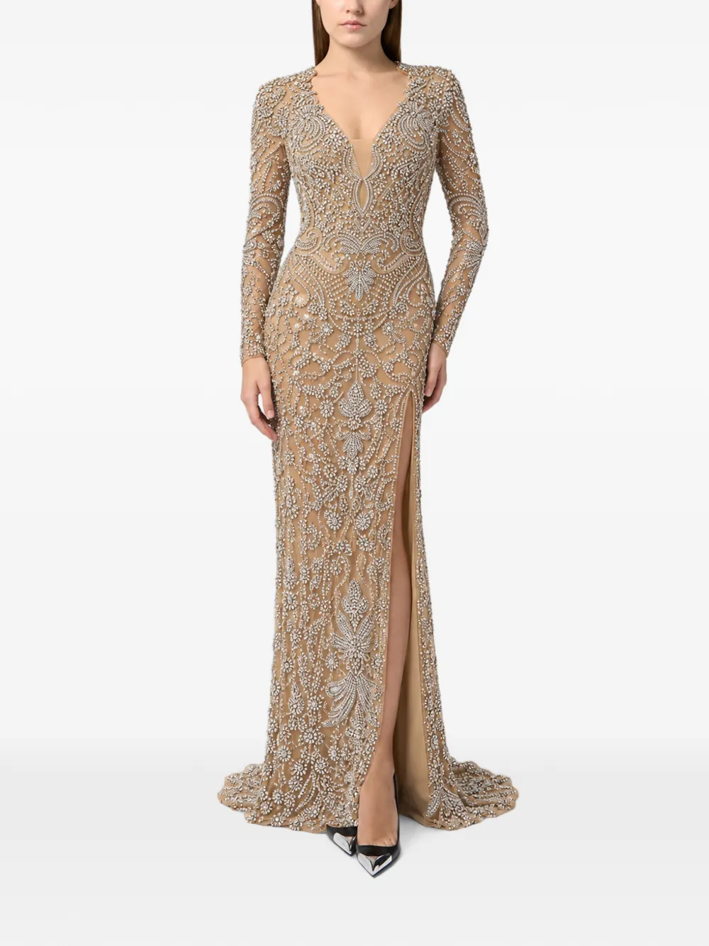 Philipp Plein tulle V-neckline long evening dress crystals Beige