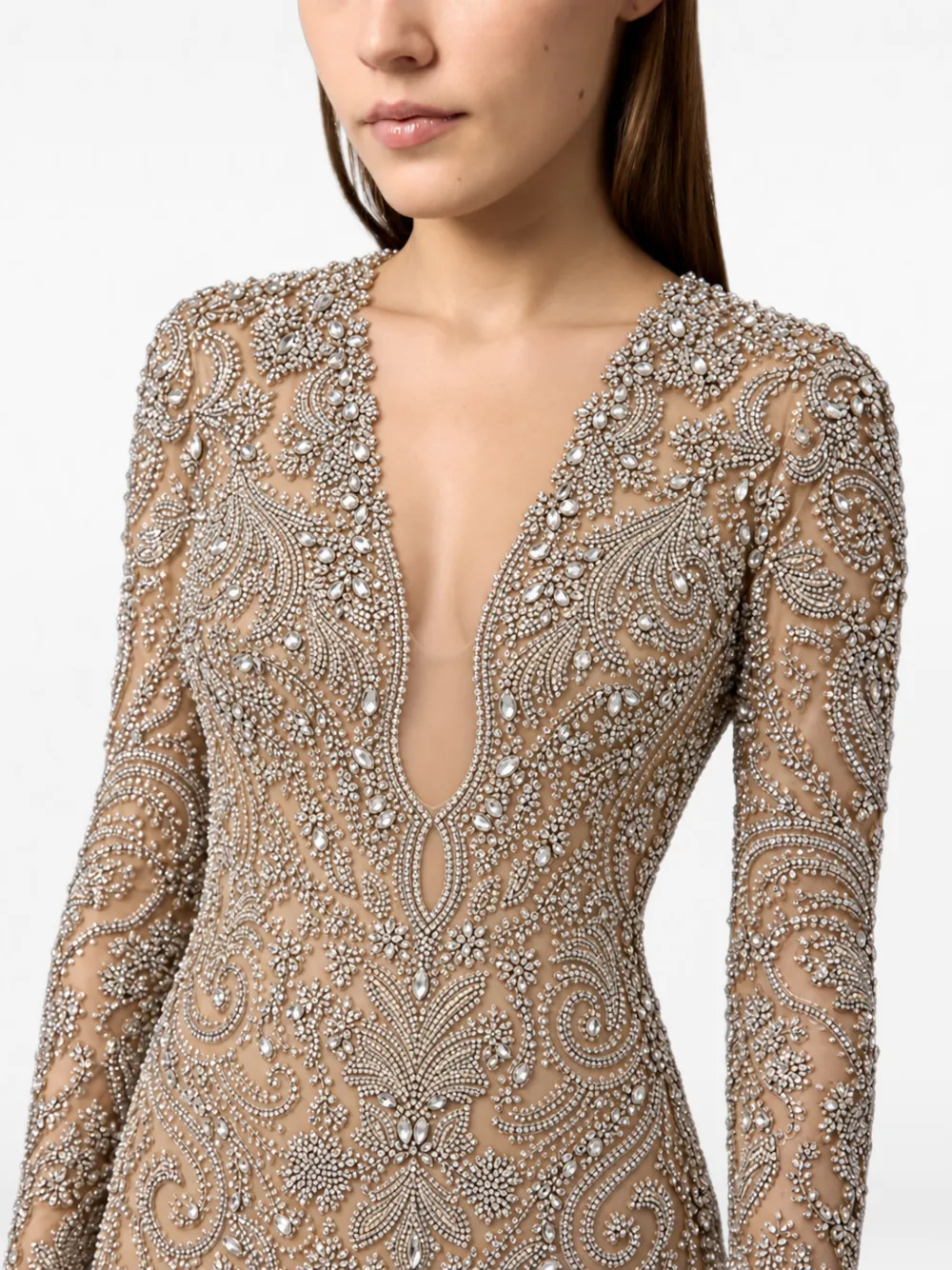 Philipp Plein tulle V-neckline long evening dress crystals Beige