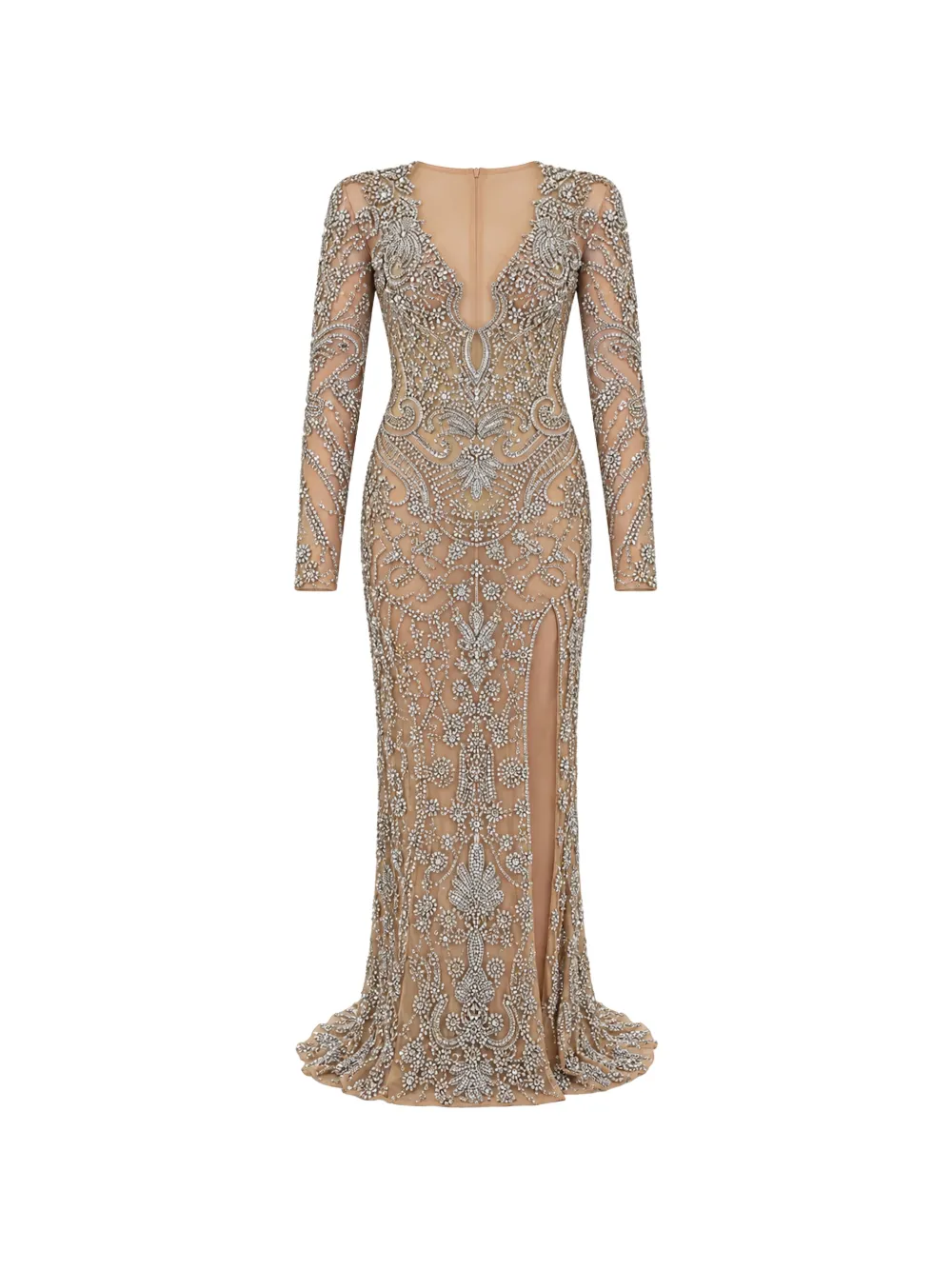 Philipp Plein tulle V-neckline long evening dress crystals Beige