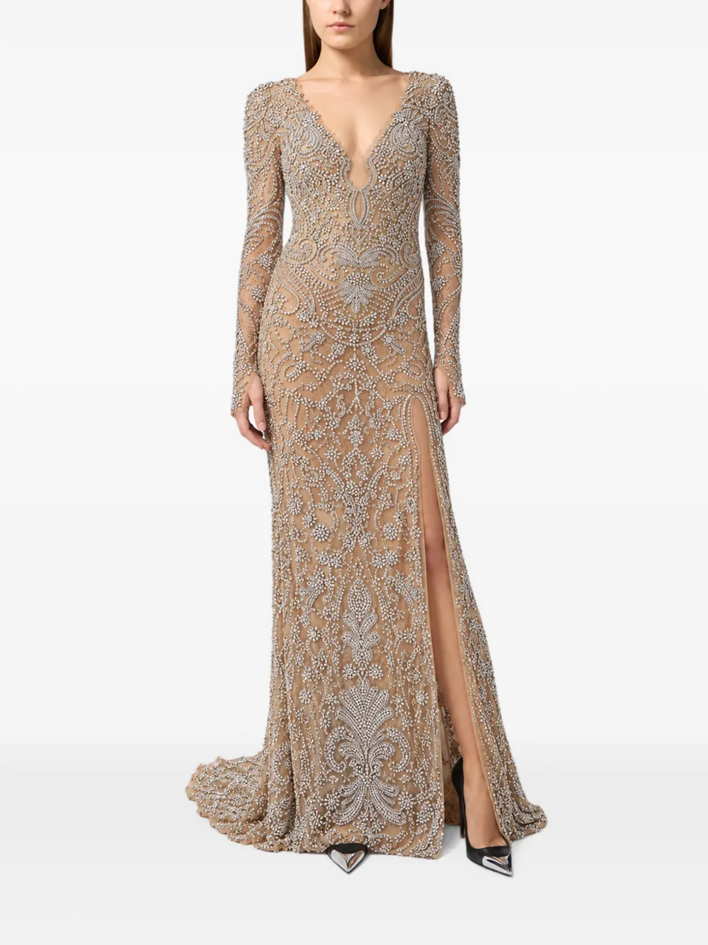 Philipp Plein tulle V-neckline long evening dress crystals Beige