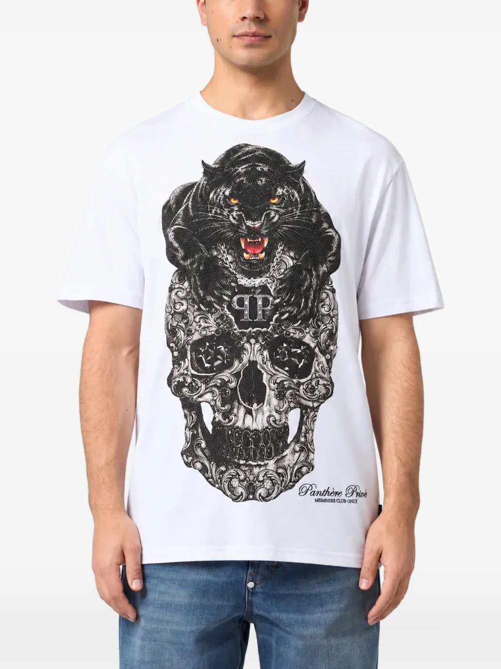Philipp Plein round-neck T-Shirt panther skull stones Wit