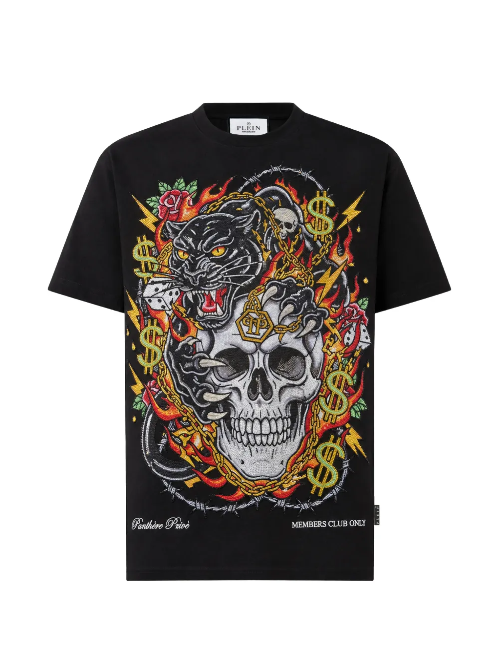 Philipp Plein round-neck T-Shirt panther-skull strass Zwart