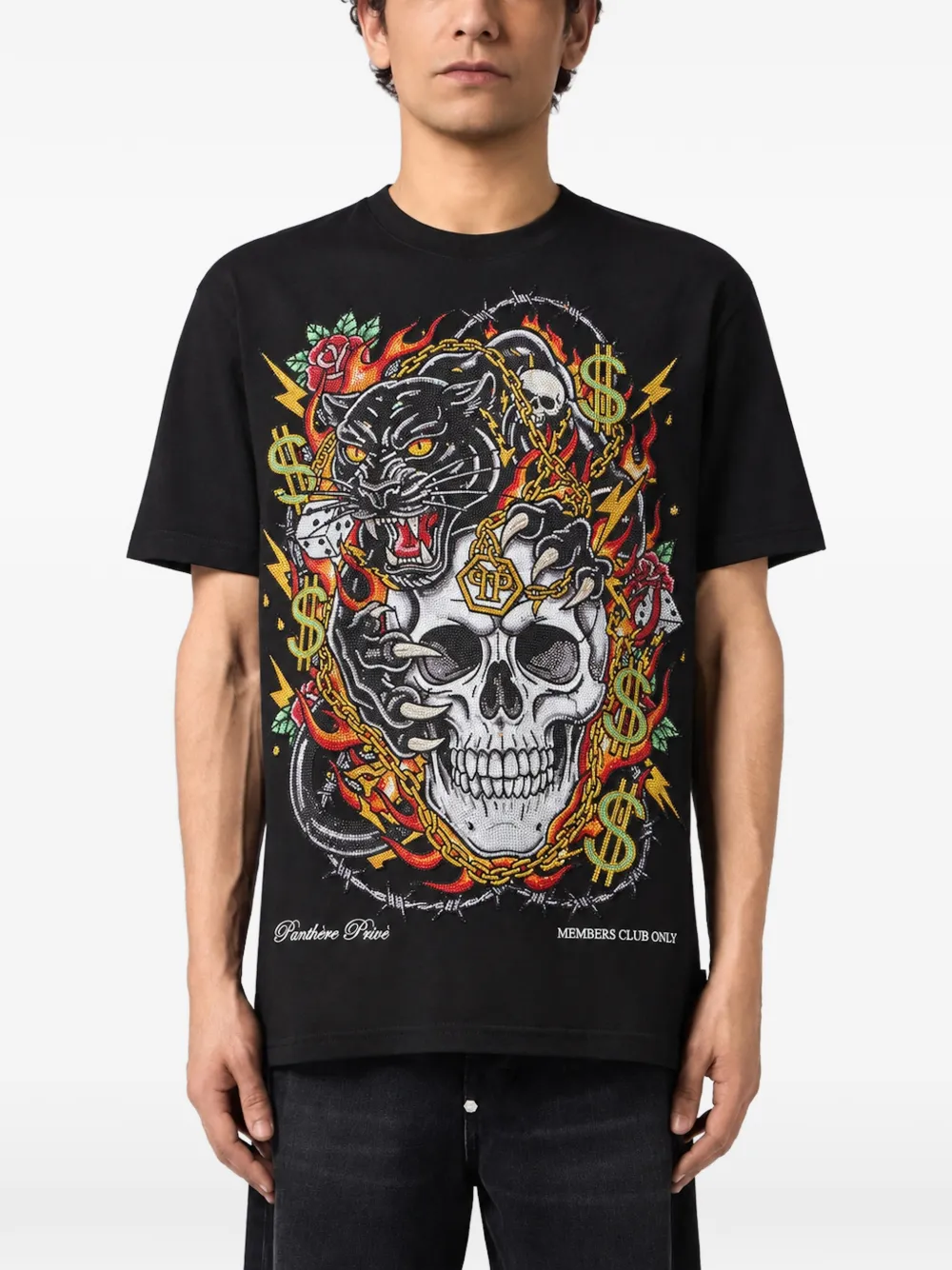 Philipp Plein round-neck T-Shirt panther-skull strass Zwart