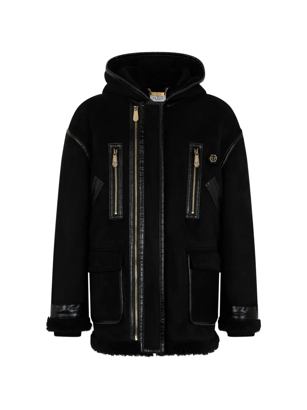 Philipp Plein croc-effect trim hooded coat - Black