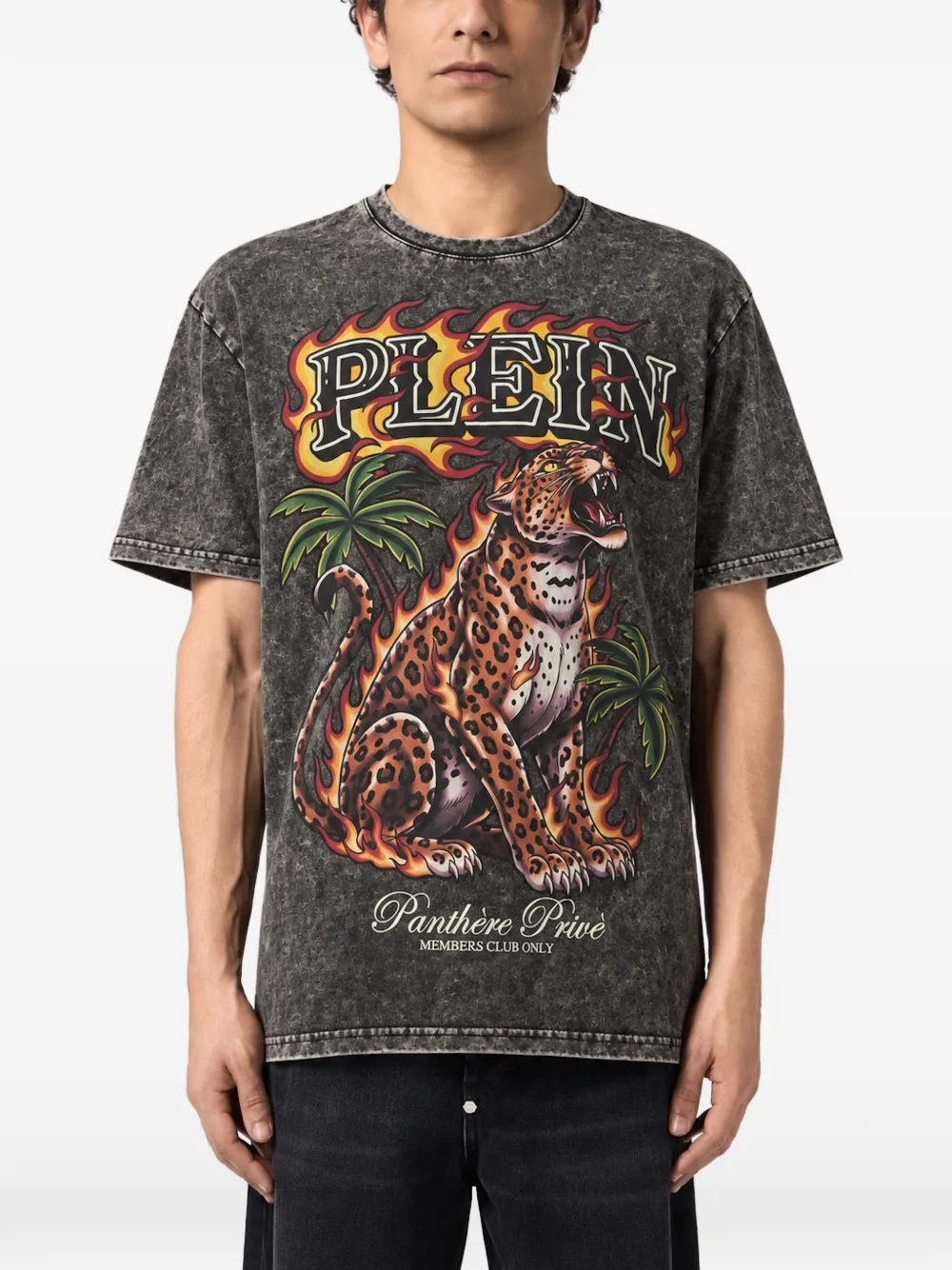 Philipp Plein washed round-neck T-shirt urban jungle leopard Zwart