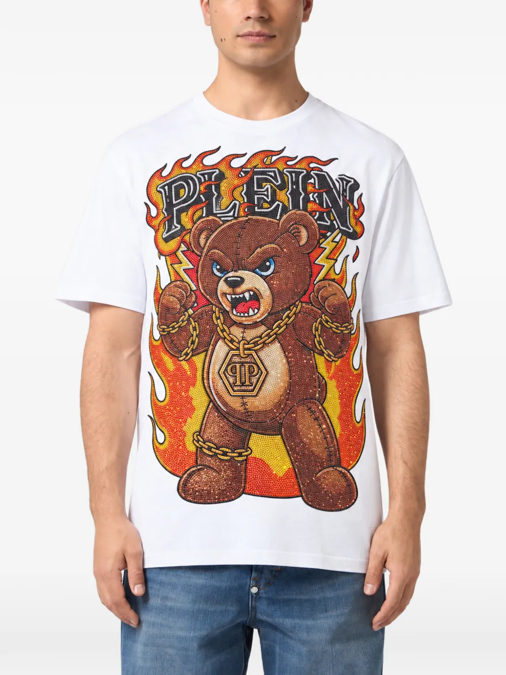 Philipp Plein round-neck T-Shirt teddy flames stones Wit