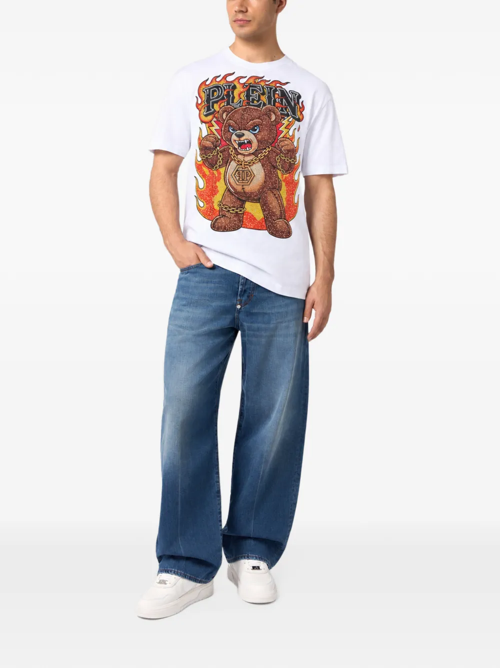 Philipp Plein round-neck T-Shirt teddy flames stones Wit