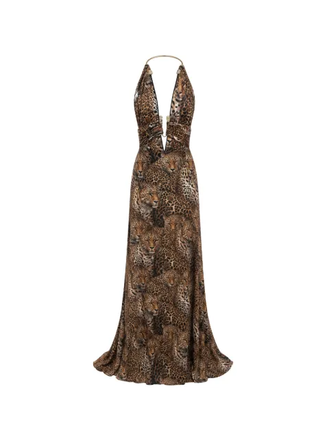 Philipp Plein open-back piercing long dress all-over leopard