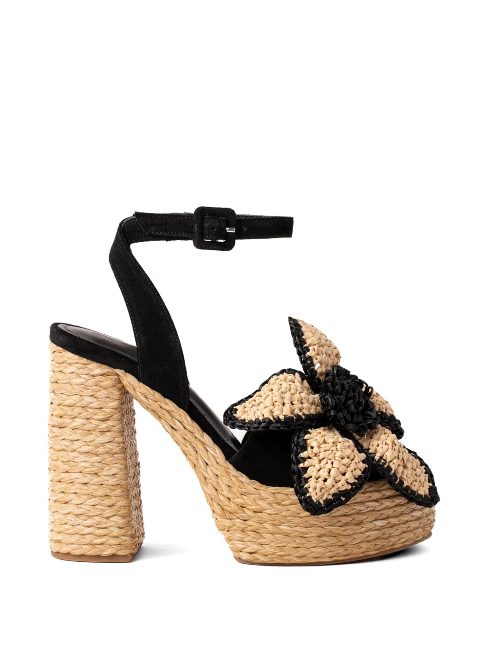 Paloma Barceló Tracy floral-appliqué raffia-sole sandals Zwart