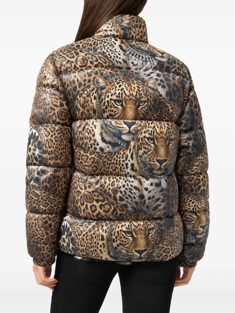 Philipp Plein short puffer jacket leopard all-over Beige