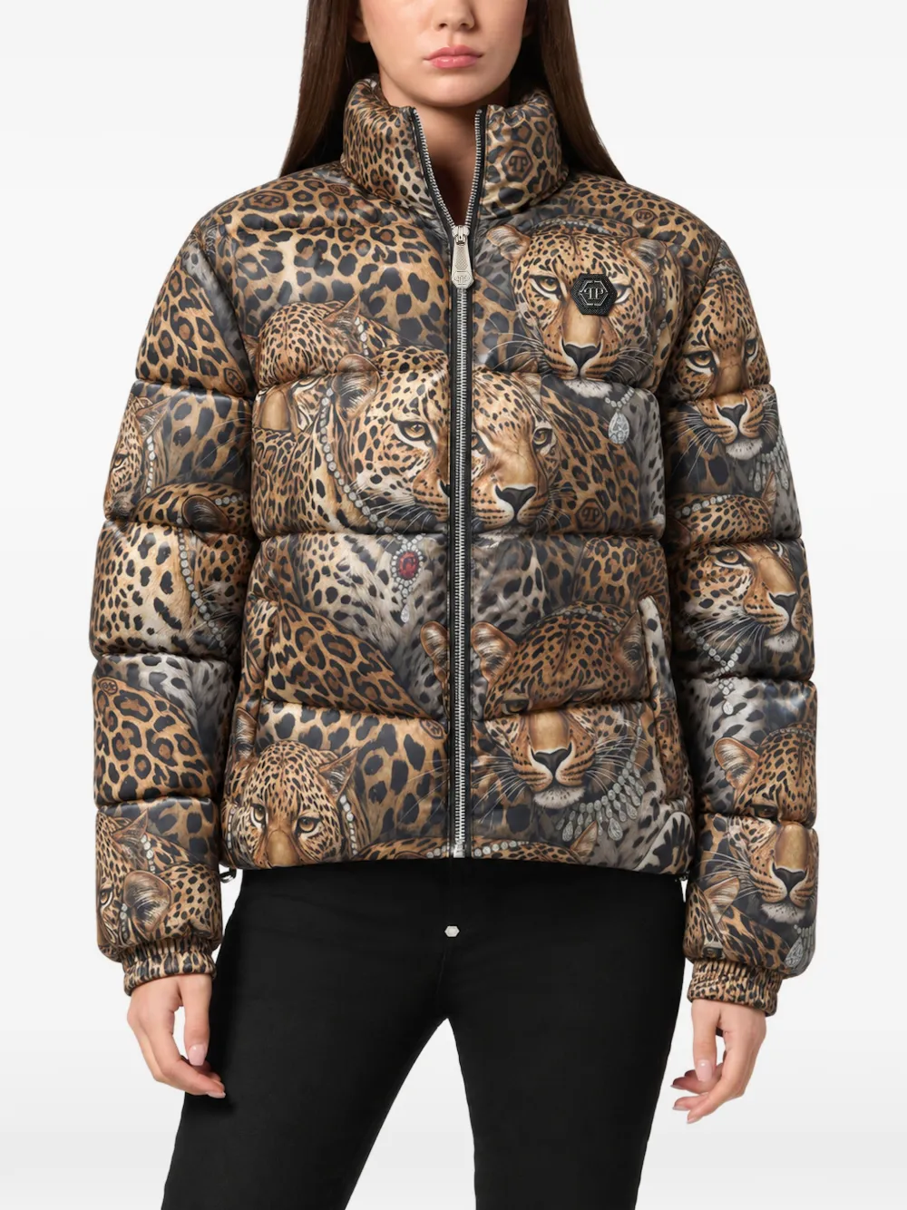 Philipp Plein short puffer jacket leopard all-over Beige