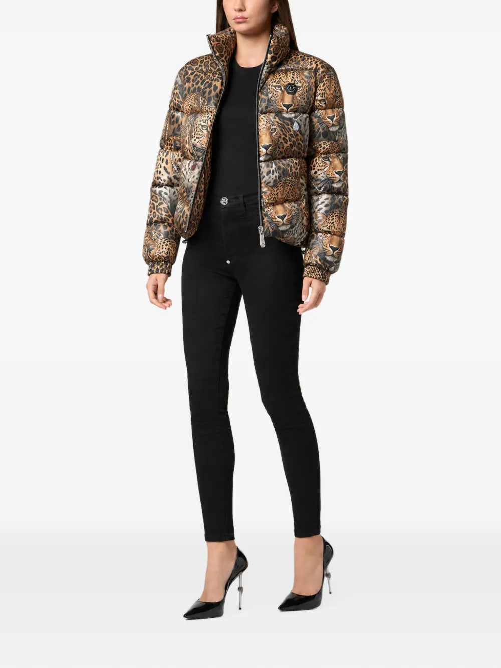 Philipp Plein short puffer jacket leopard all-over Beige