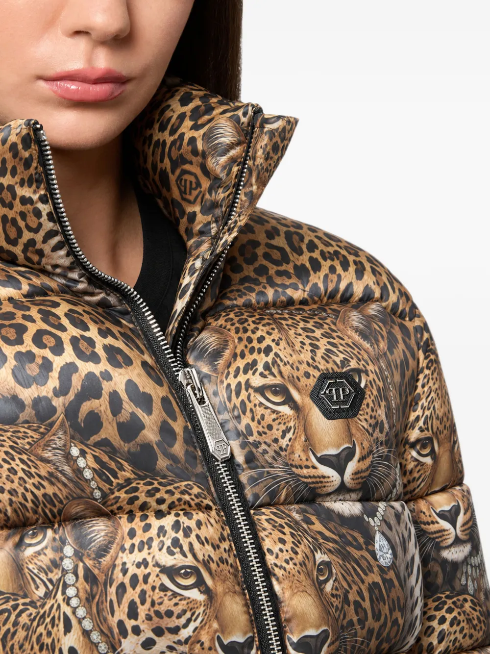 Philipp Plein short puffer jacket leopard all-over Beige
