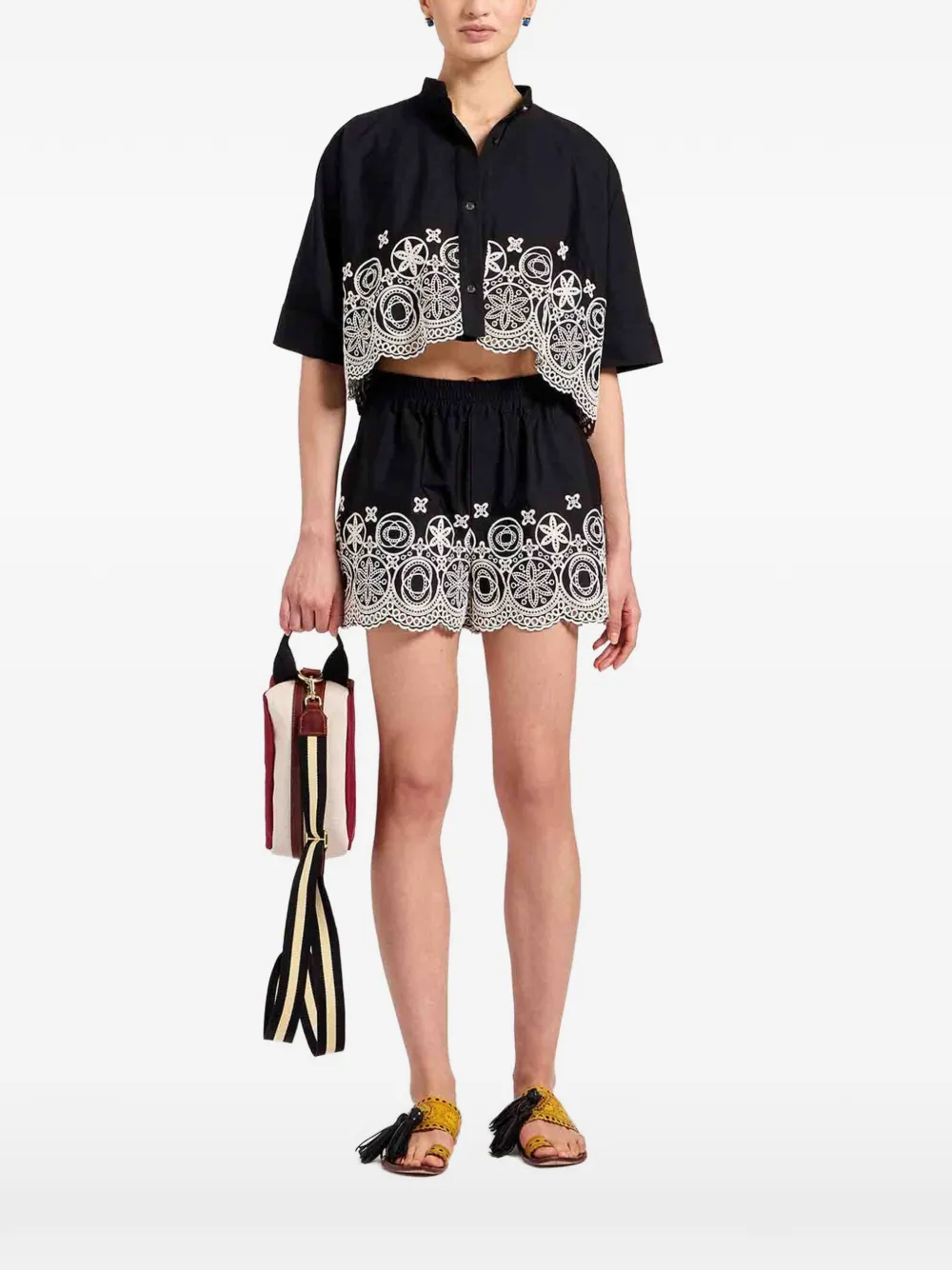 La DoubleJ Mini Foulard Sangallo-embroidered cropped shirt - Black