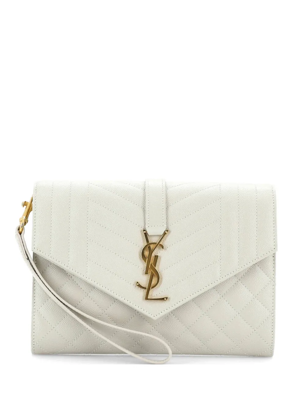 Saint Laurent Pre-Owned Clutch Classic Monogram Envelope in pelle matelassé con motivo chevron e cinturino da polso - Bianco