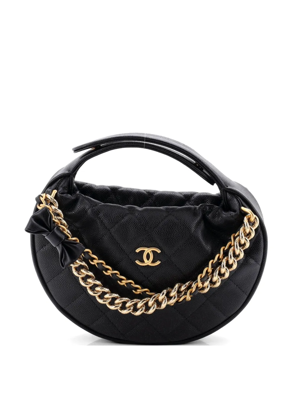 CHANEL Pre-Owned Double Chain Bow Pouch Quilted Caviar Mini hobo bag - Nero