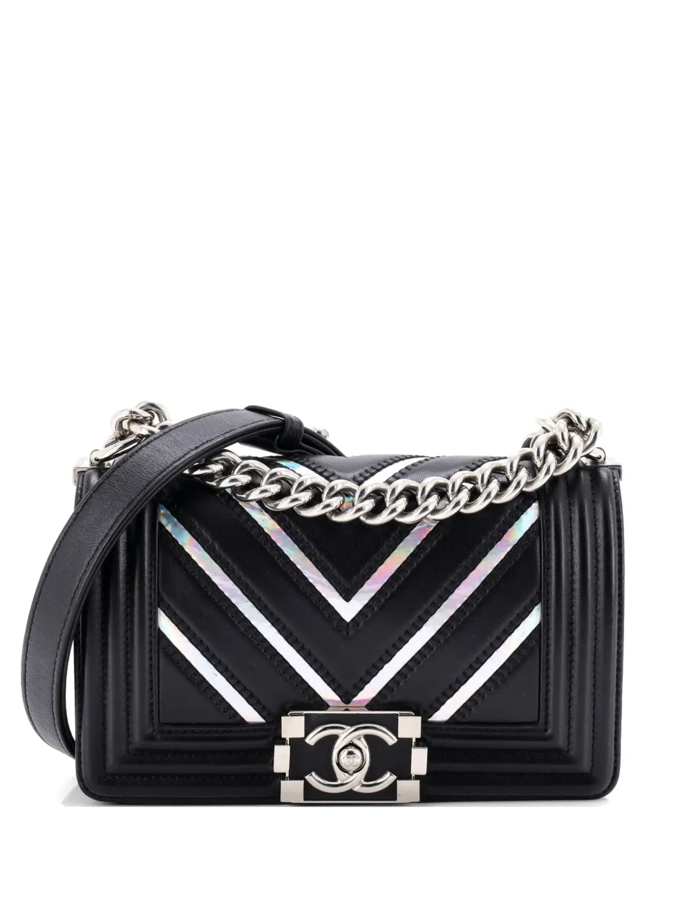 CHANEL Pre-Owned Boy Flap Bag Chevron Lambskin with Holographic PVC Small shoulder bag - Black
