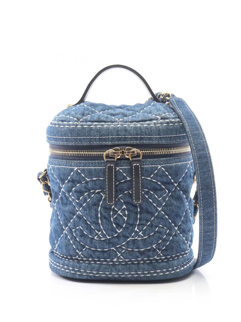 CHANEL Pre-Owned 2019 CC Quilted Denim Trip Vanity Case with Chain satchel - Blu