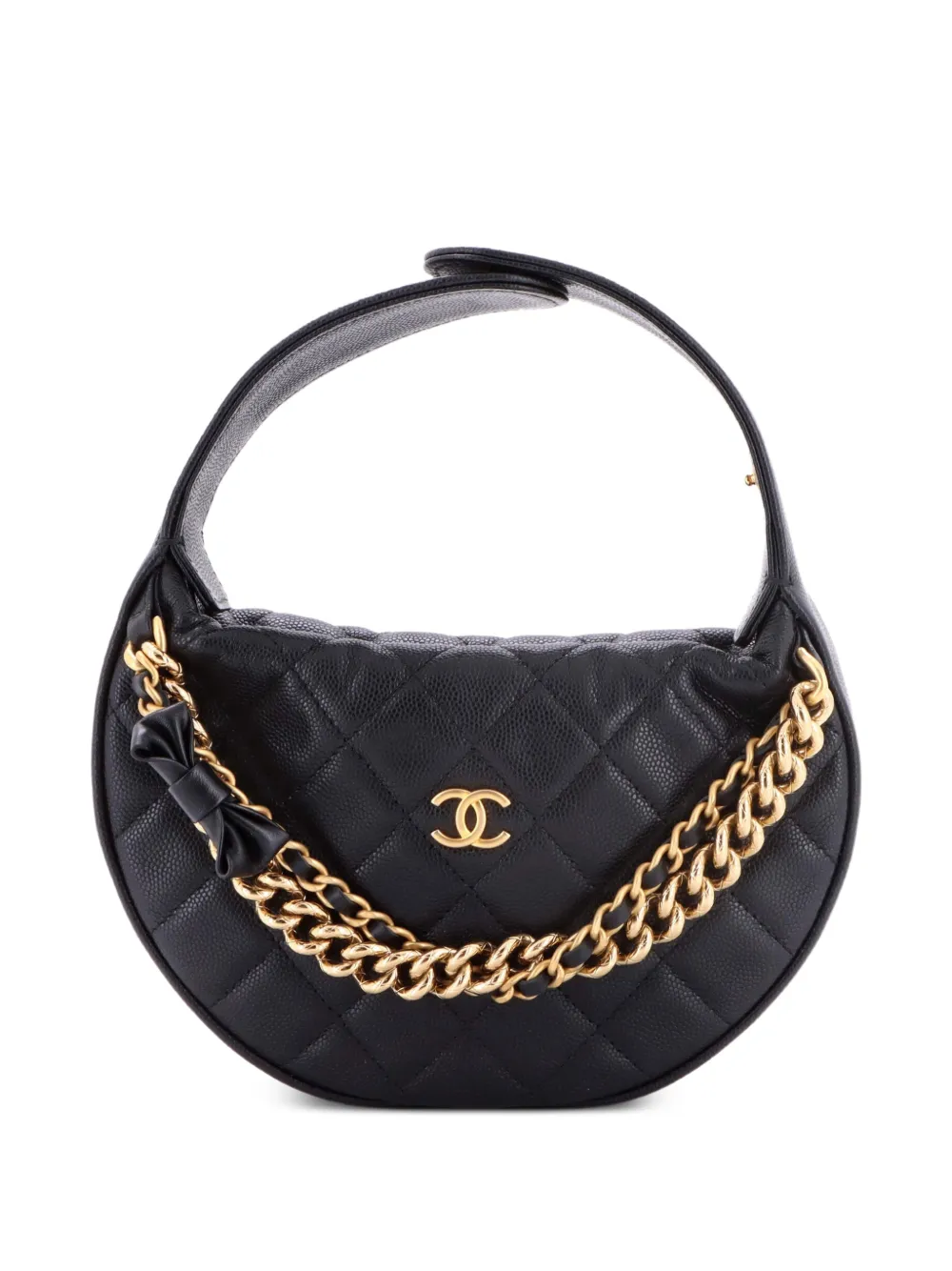 CHANEL Pre-Owned Double Chain Bow Pouch Quilted Caviar Mini hobo bag - Black