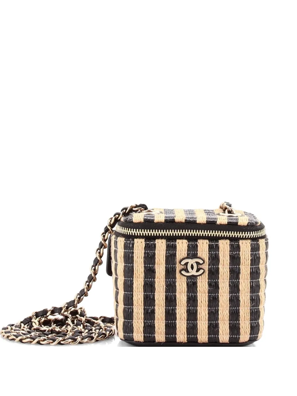 CHANEL Pre-Owned Classic Vanity Case with Chain Striped Raffia and Jute Mini crossbody bag - Nero
