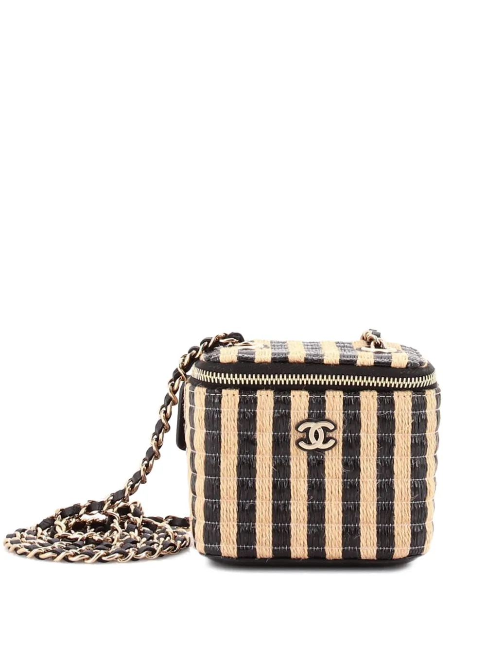 CHANEL Pre-Owned Classic Vanity Case with Chain Striped Raffia and Jute Mini crossbody bag - Nero