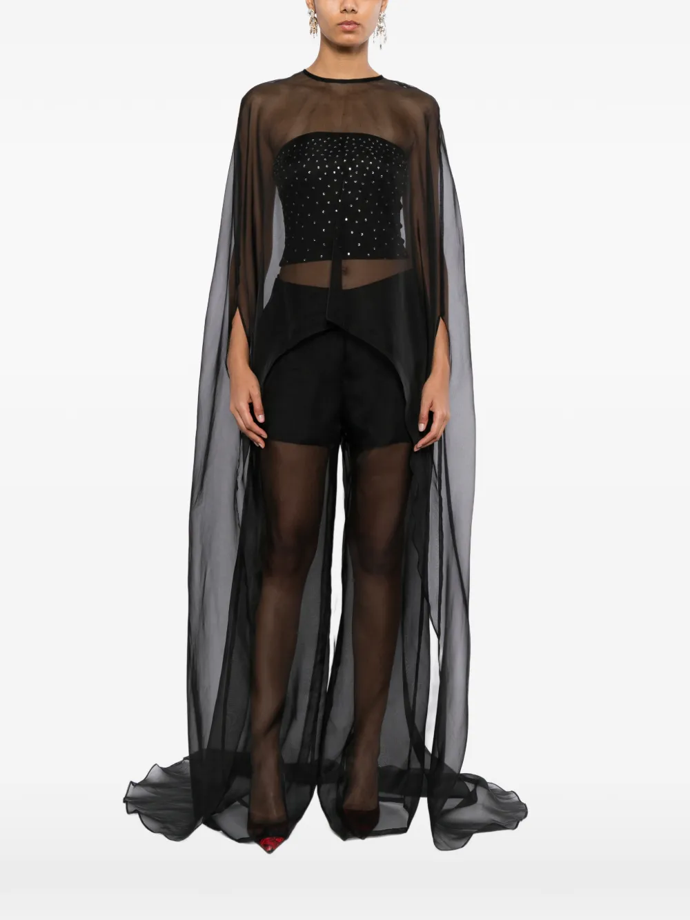 Isabel Sanchis Organza high-low cape Zwart