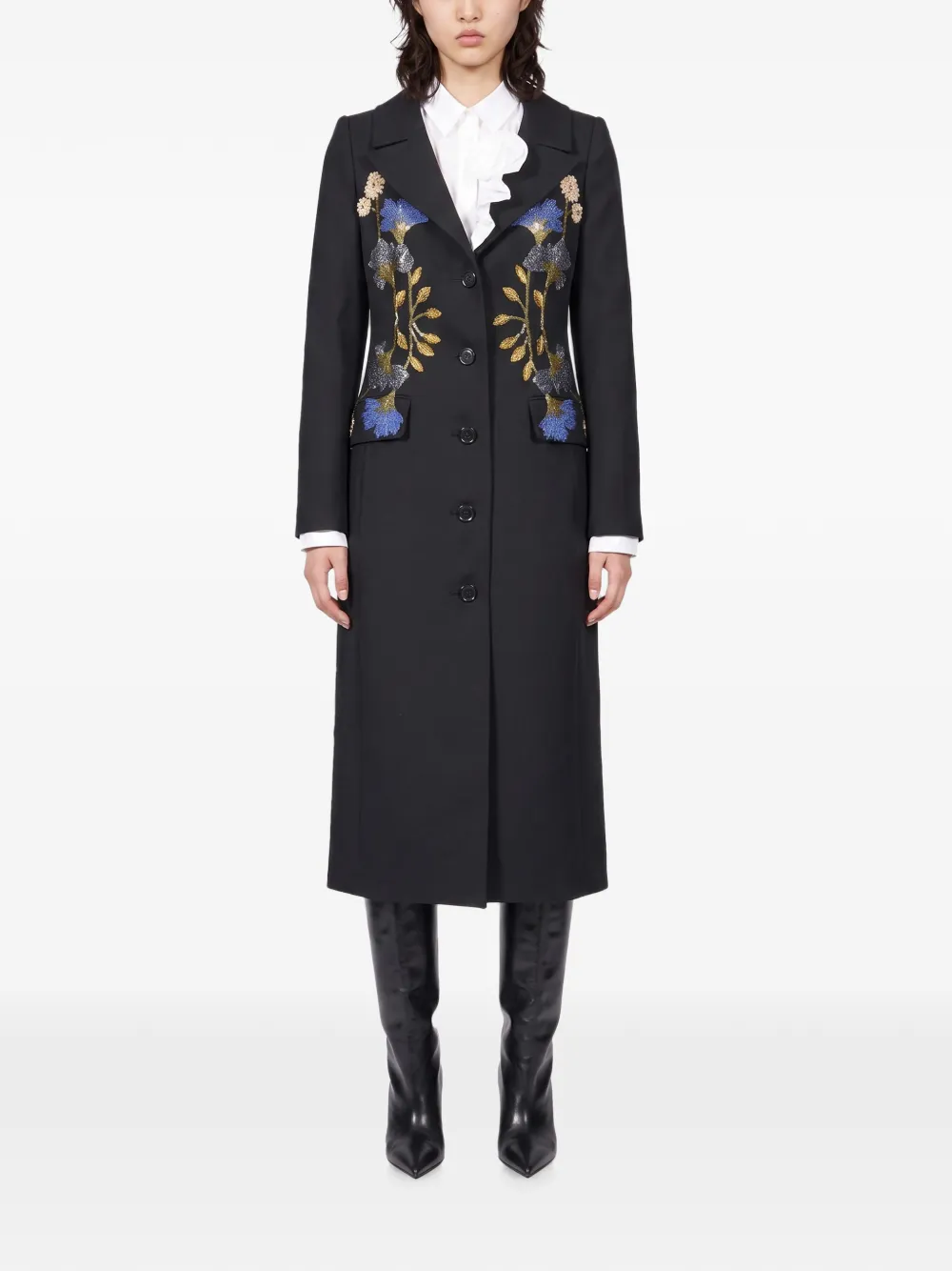 Elie Saab floral-embroidered single-breasted coat Zwart