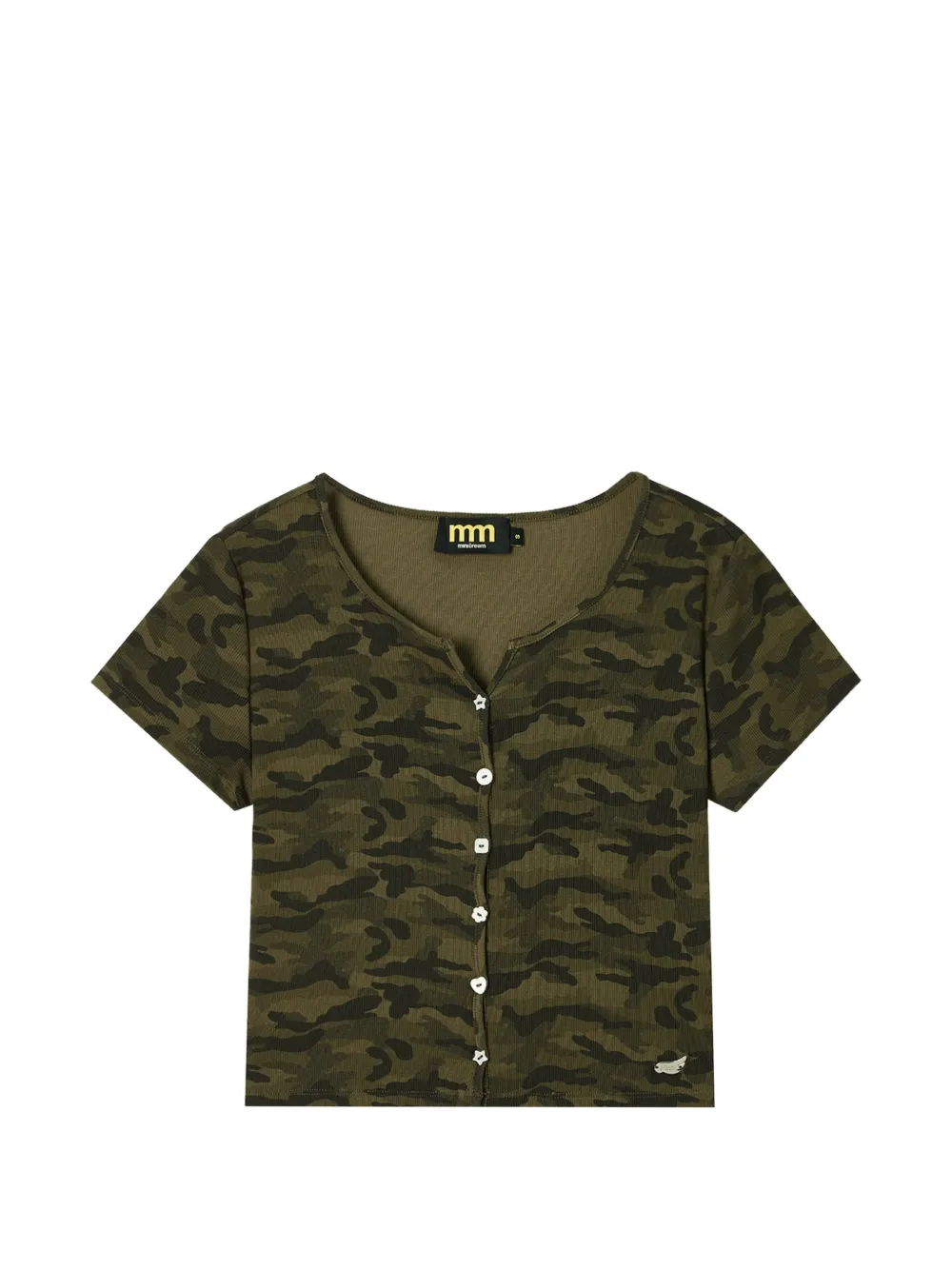 Mini Cream camouflage-print button-up T-shirt