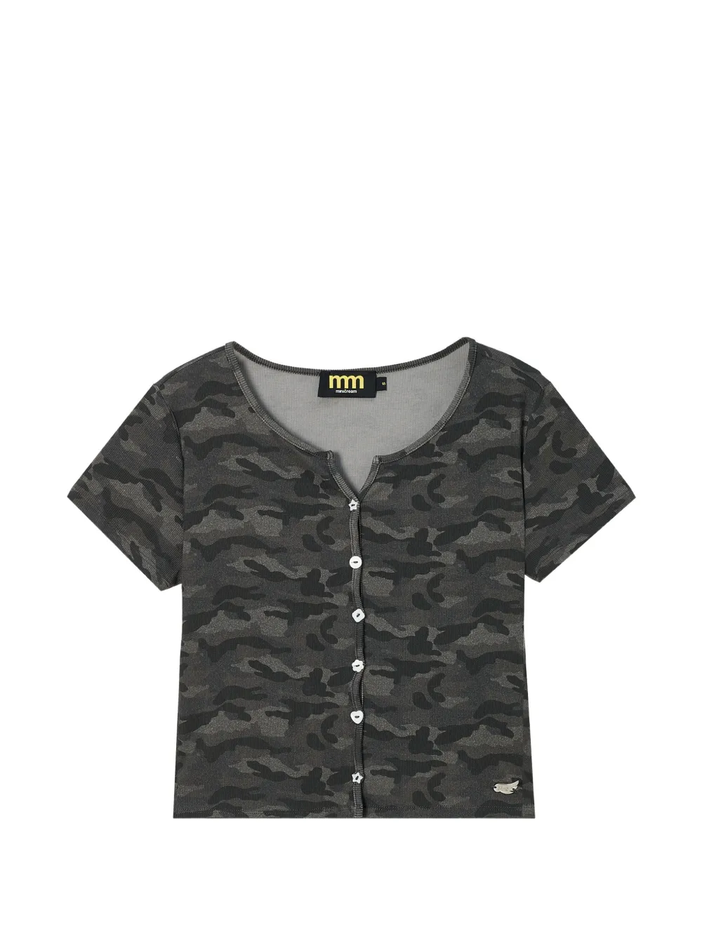 Mini Cream camouflage-print button-up T-shirt
