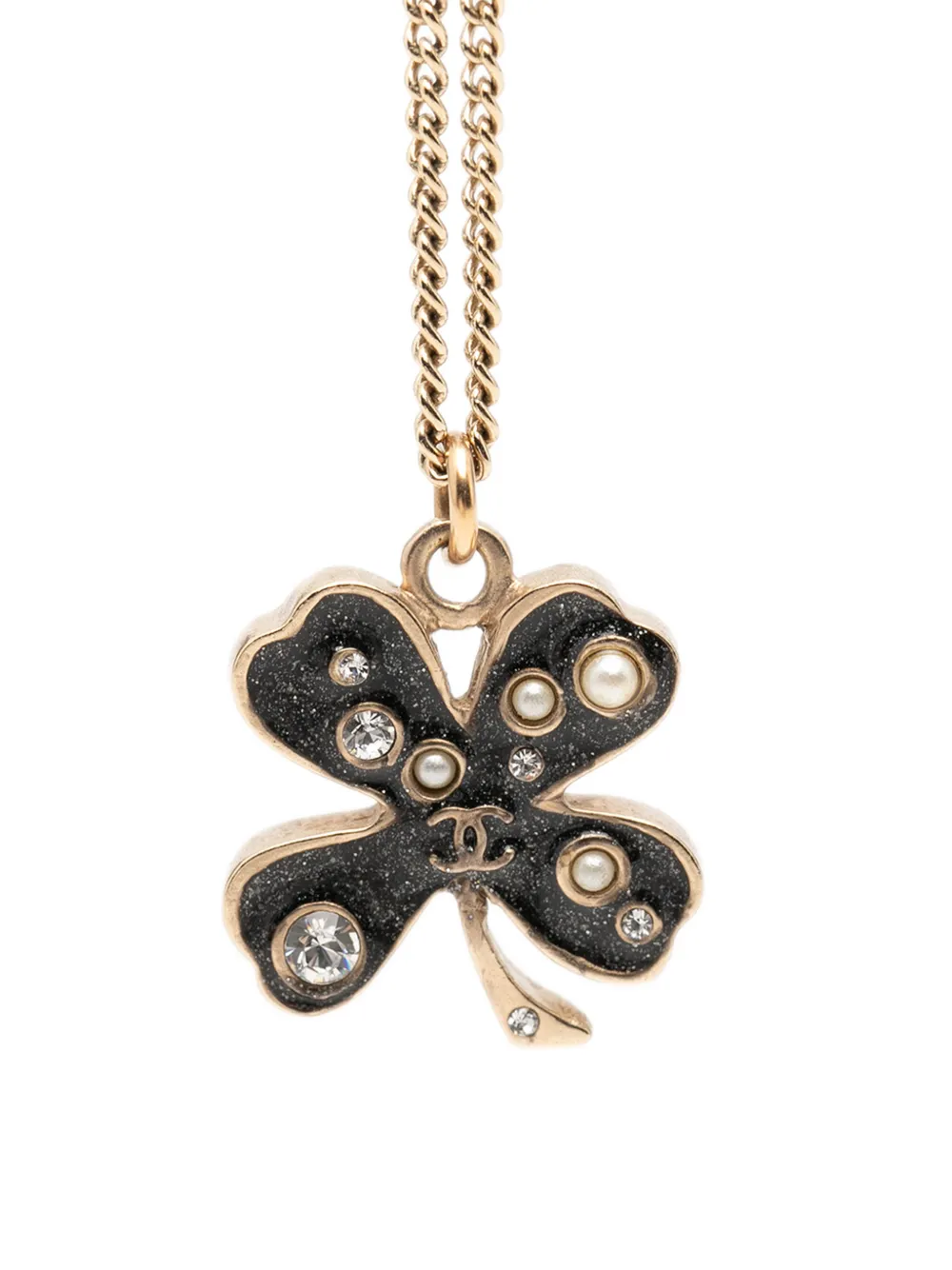 CHANEL Pre-Owned 2007 CC Gold Plated and Enamel Strass Faux Pearl Clover Pendant Necklace costume necklace - Black