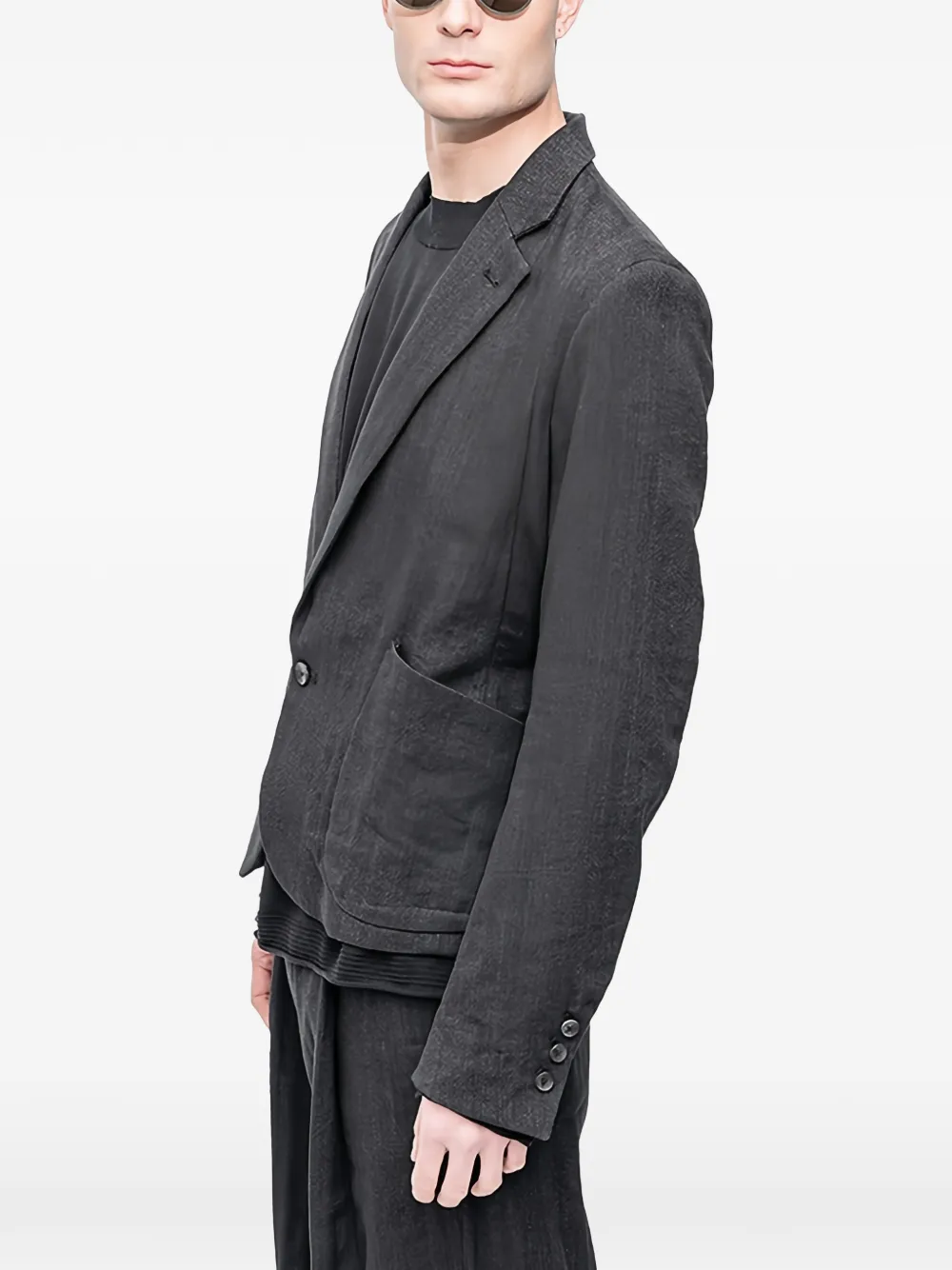 The Viridi-Anne Blazer met gekerfde revers en visgraatpatroon Zwart