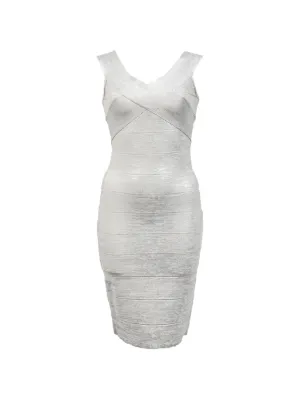 herve leger silver dress Hervé Léger, The Metallic Alba Dress, XXS, Foil : Amazon Luxury falling to a mini hemline Dress In Ice Grey Metallic