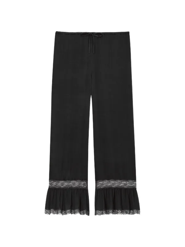 Saint Laurent Lace-trim Silk Straight-leg Trousers in Black