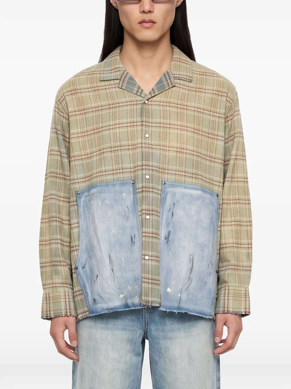 Found Check-pattern Patchwork Shirt In Brown
