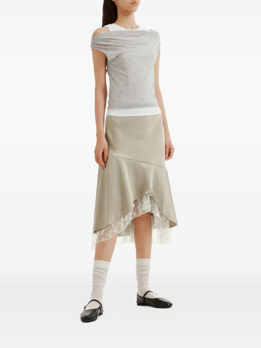 b+ab Midi-rok met afwerking van kant Beige