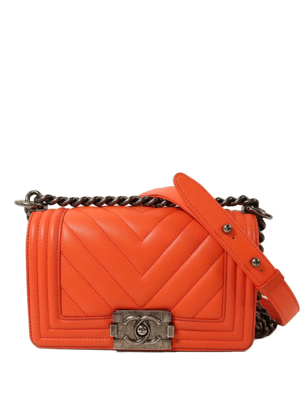 CHANEL Pre-Owned 20 Boy chevron-quilted chain-strap calfskin shoulder bag - Arancione