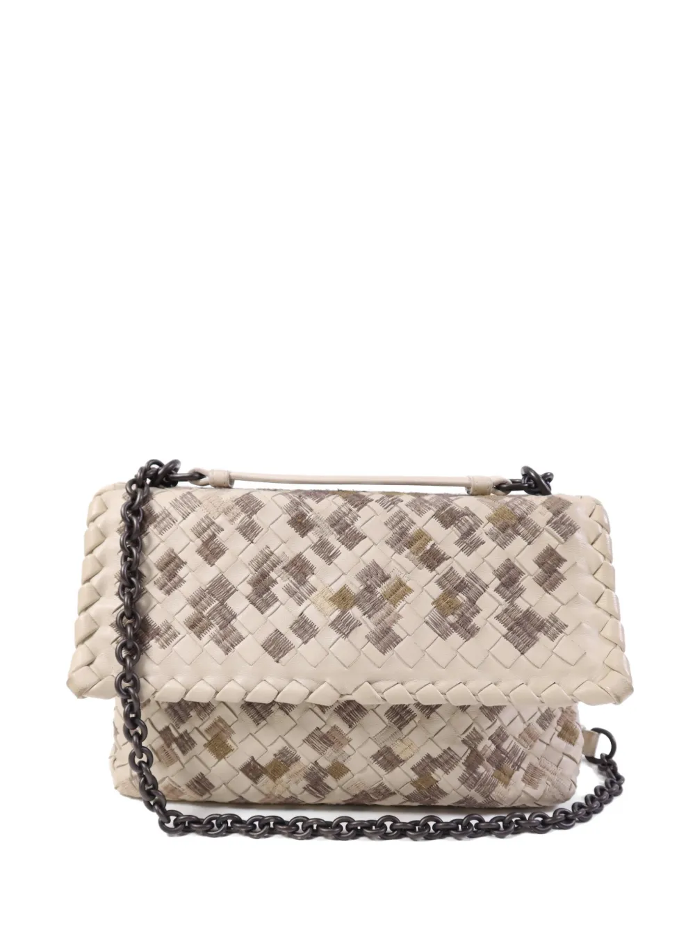 Pre-owned Bottega Veneta Intrecciato Embroidered Shoulder Bag In White