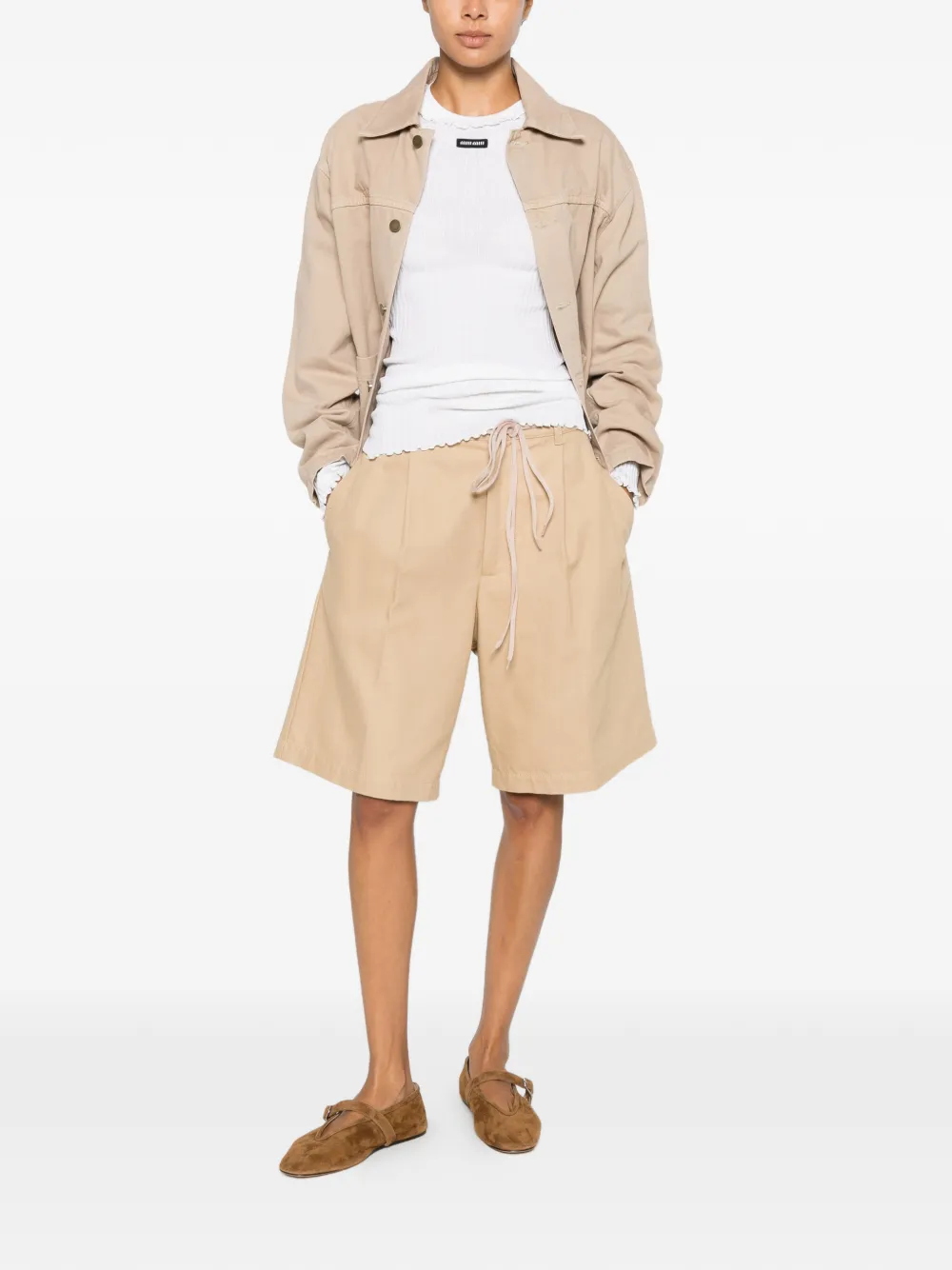 Miu Ribgebreid zijden T-shirt met ruches Beige